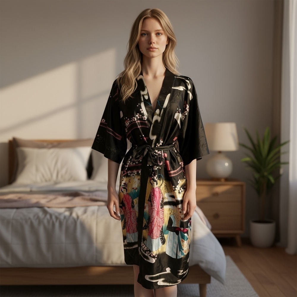 Elegant Black and Multicolor Kimono Robe